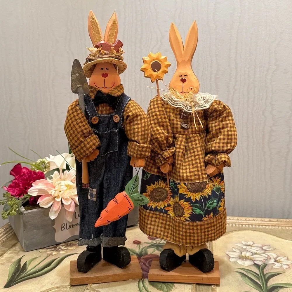 Vintage Wooden Easter Bunny Country Couple Farmers Primitive Country Folk Art